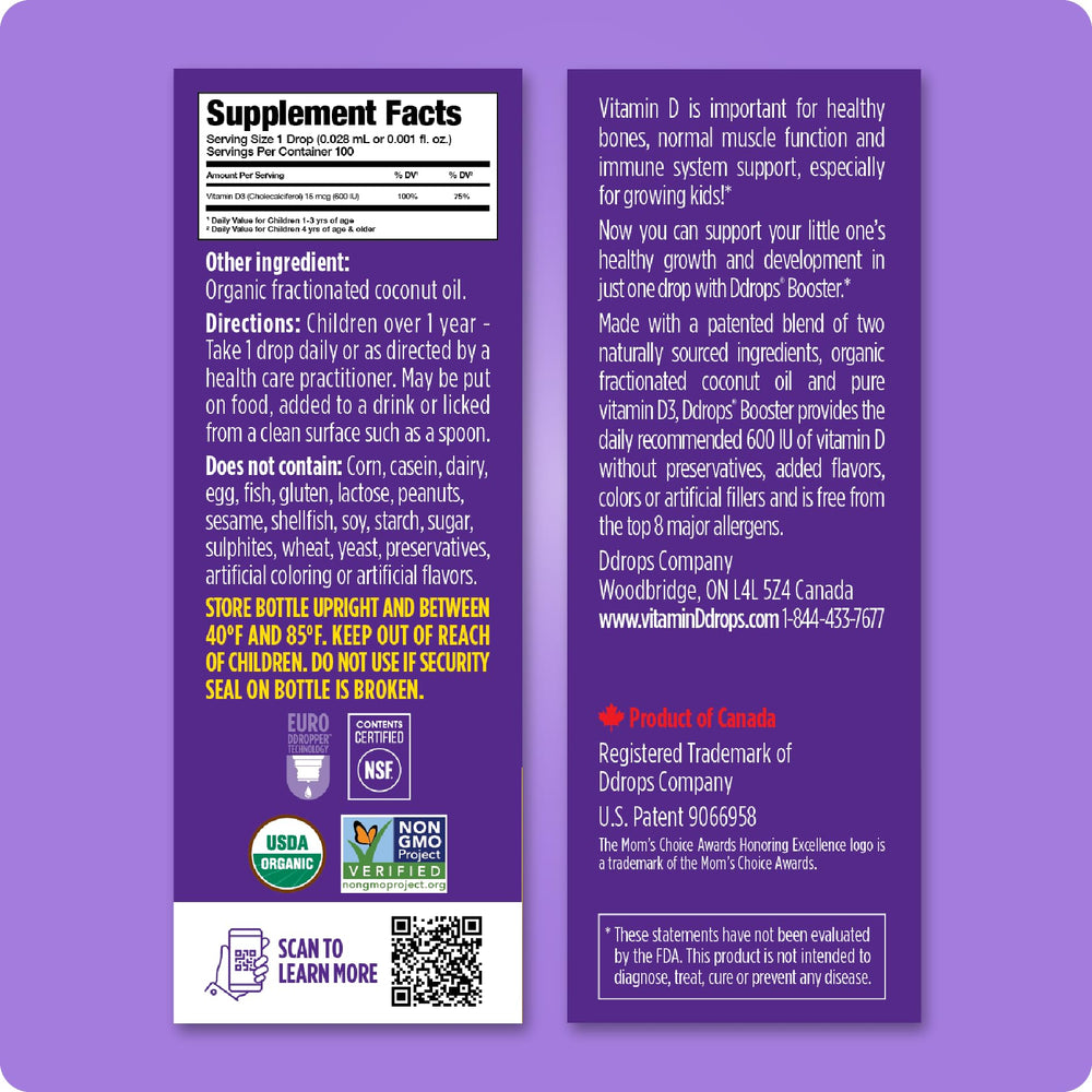 Ddrops Kids Booster ingredients D3 and fractionated coconut oil in a clean formula.