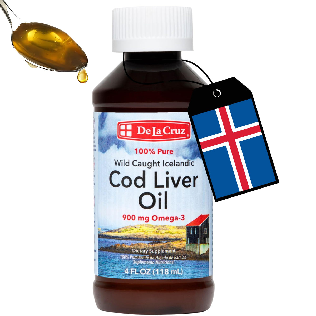 De La Cruz cod liver oil bottle shows pure Icelandic sourcing for daily supplementation