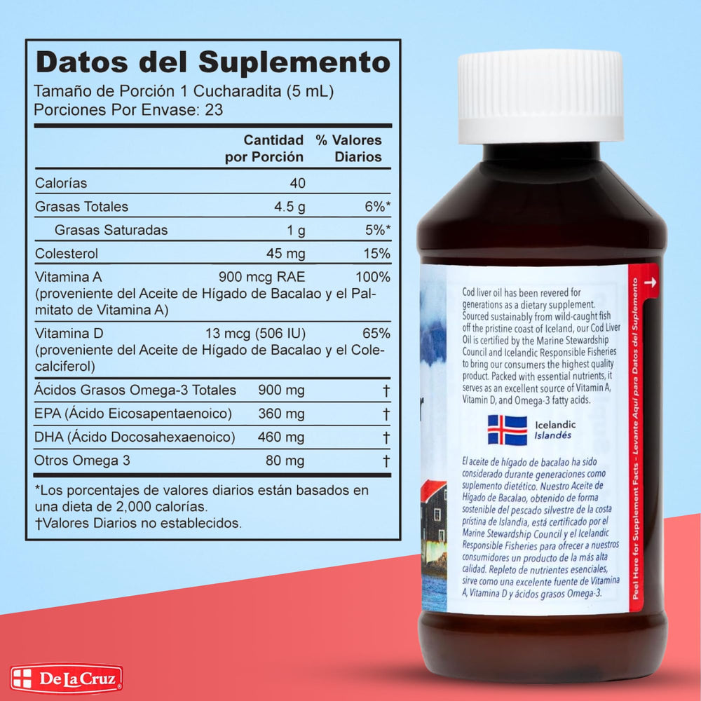 De La Cruz cod liver oil closeup label highlights purity and testing