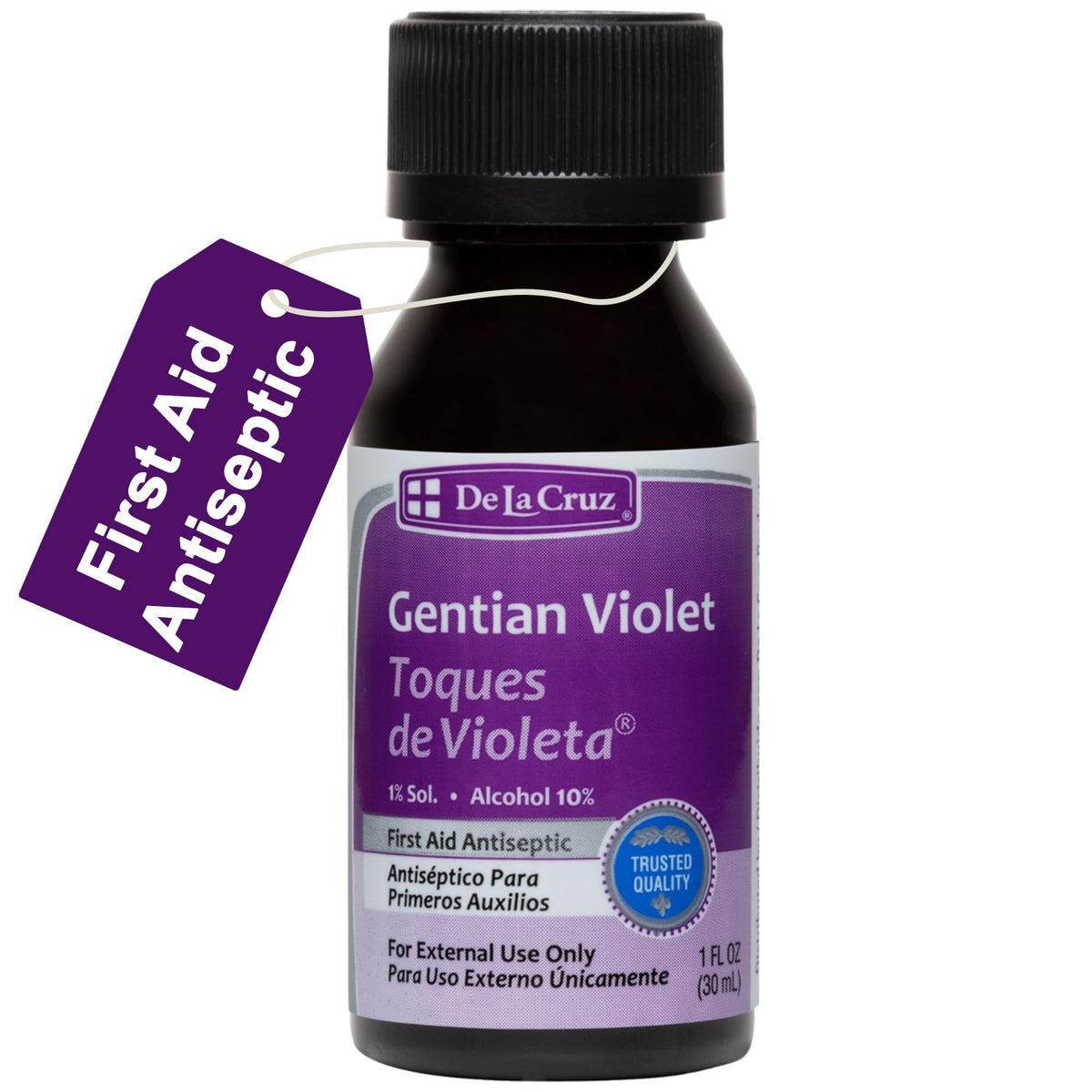 De La Cruz Gentian Violet en botella 1% para uso externo en heridas menores.