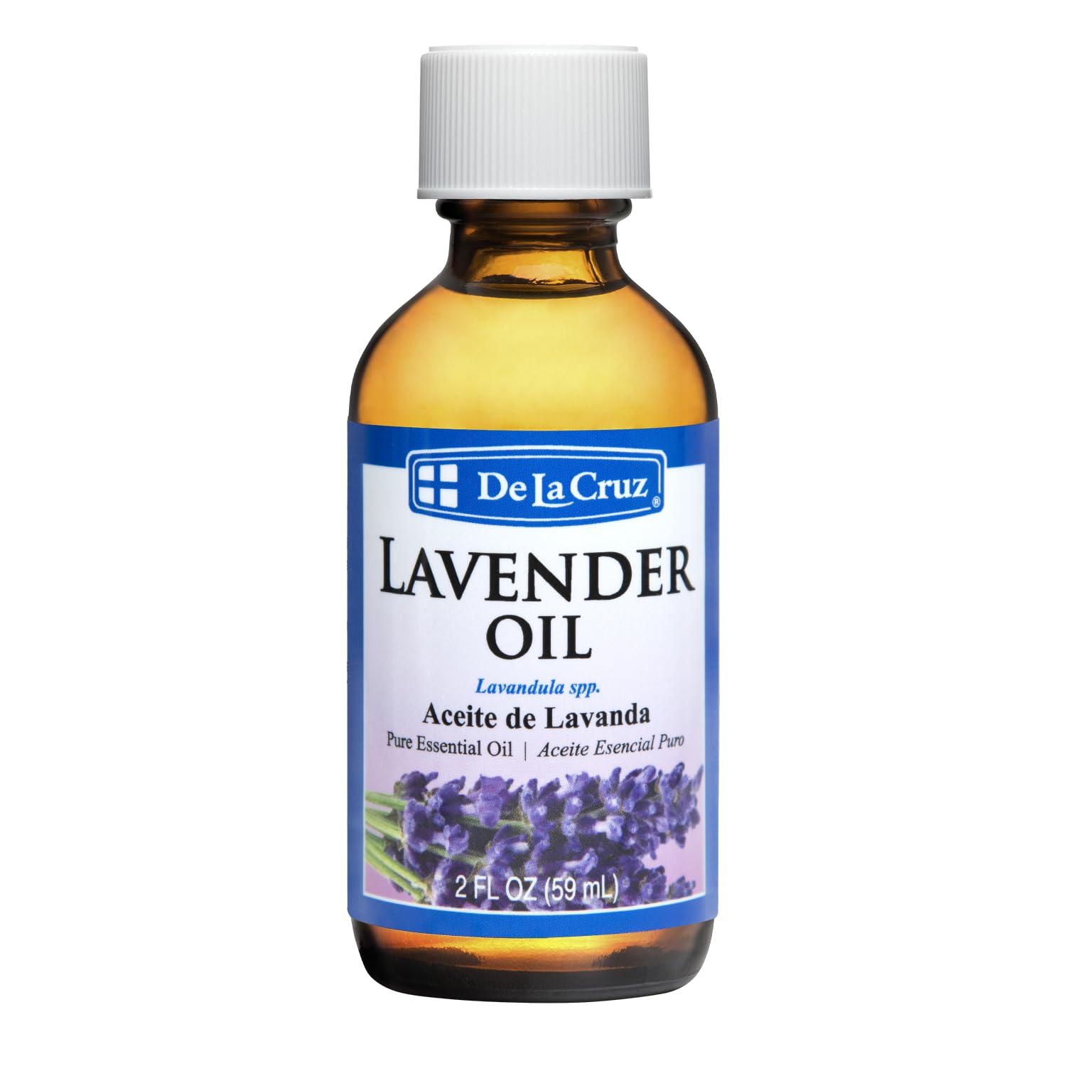 De La Cruz lavender oil in amber glass bottle ready for aromatherapy use.