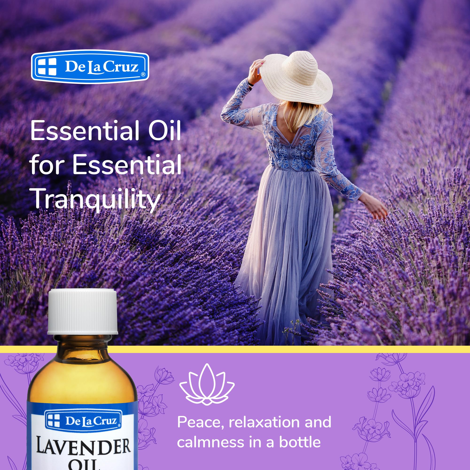 De La Cruz lavender oil packaging box showcases product quality.