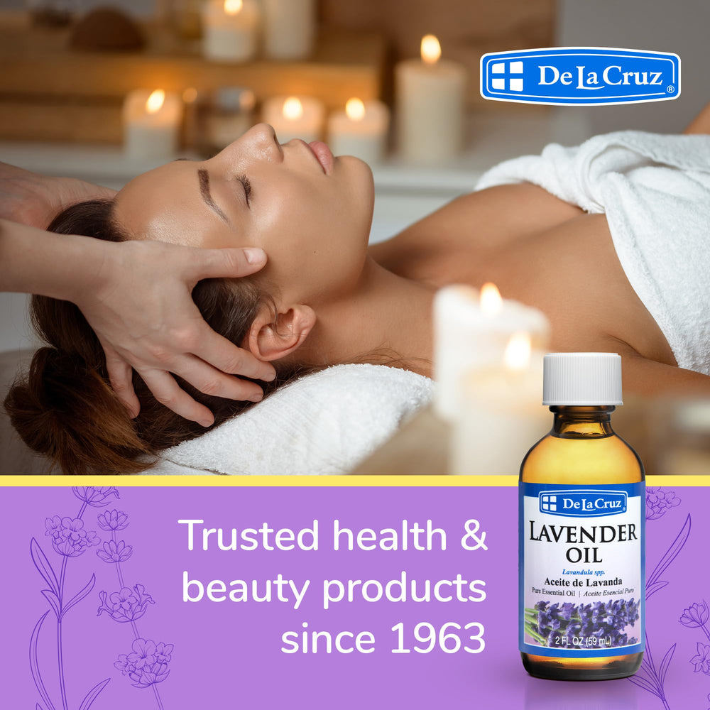 De La Cruz lavender oil in a relaxing room scene invites calm.