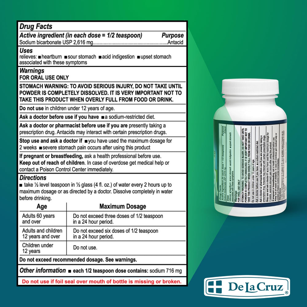De La Cruz Pure sodium bicarbonate packaging-usa emphasizes USA packaging and quality.
