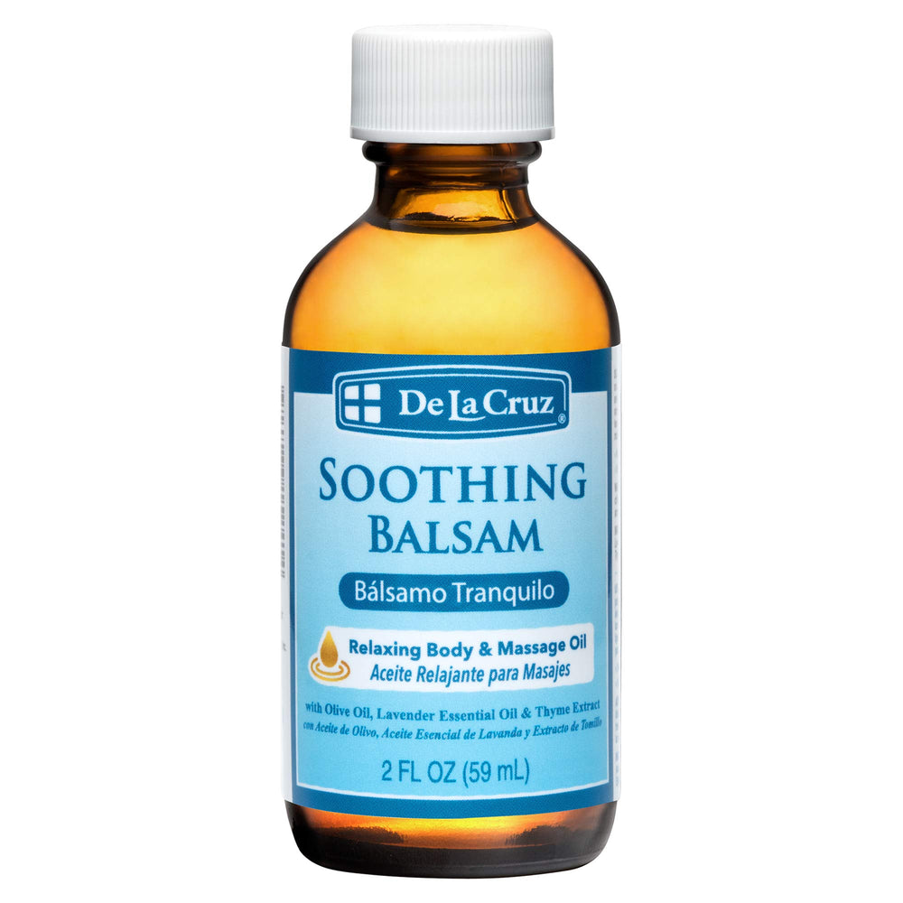 De La Cruz Soothing Balsam bottle pour shows quick absorption.