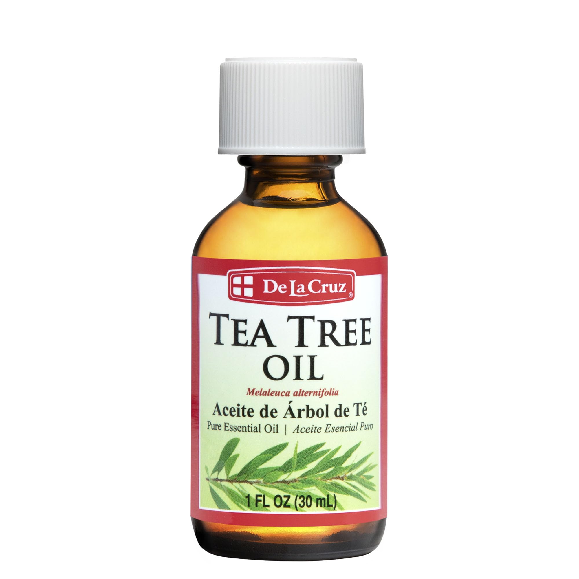 De La Cruz Tea Tree Oil bottle closeup for aromatherapy use