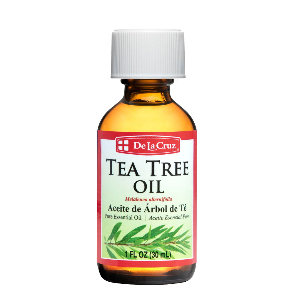 De La Cruz Tea Tree Oil bottle closeup for aromatherapy use