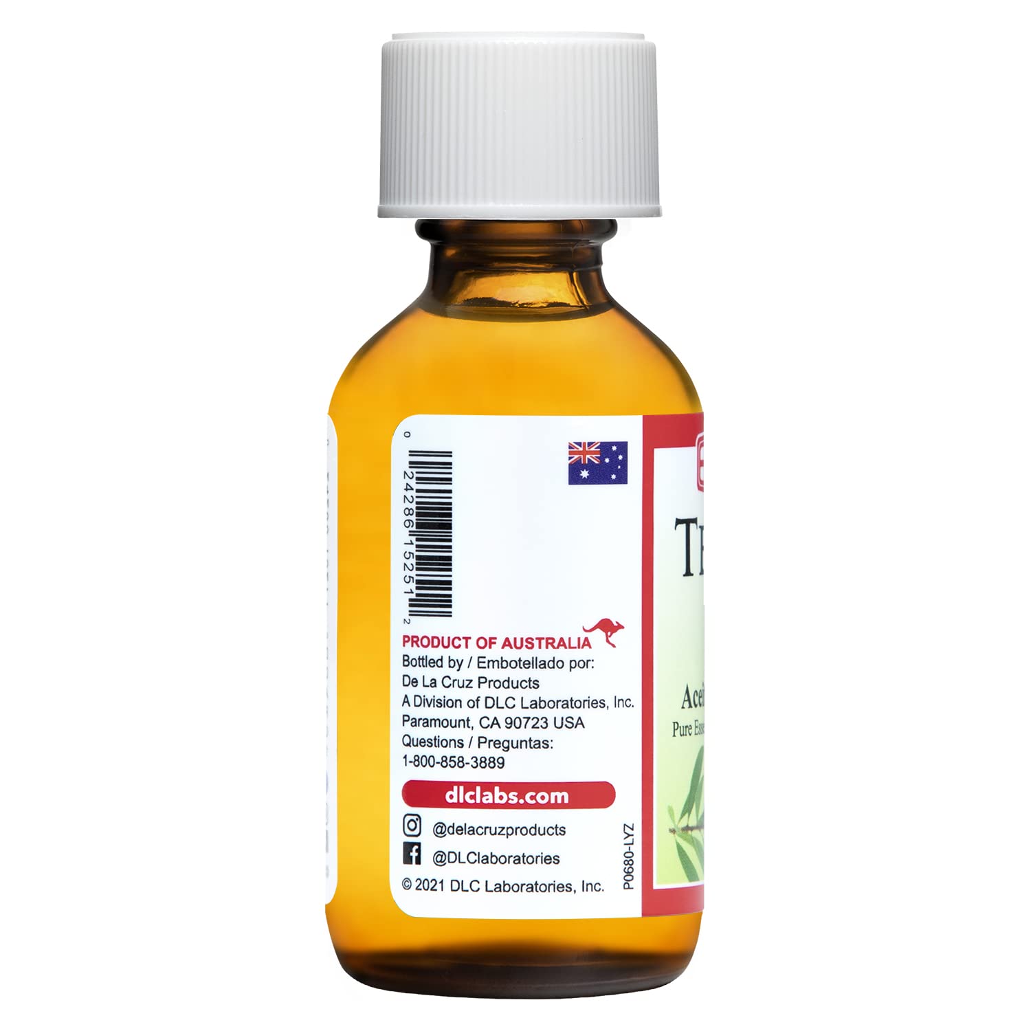 De La Cruz Tea Tree Oil bottle in USA packaging
