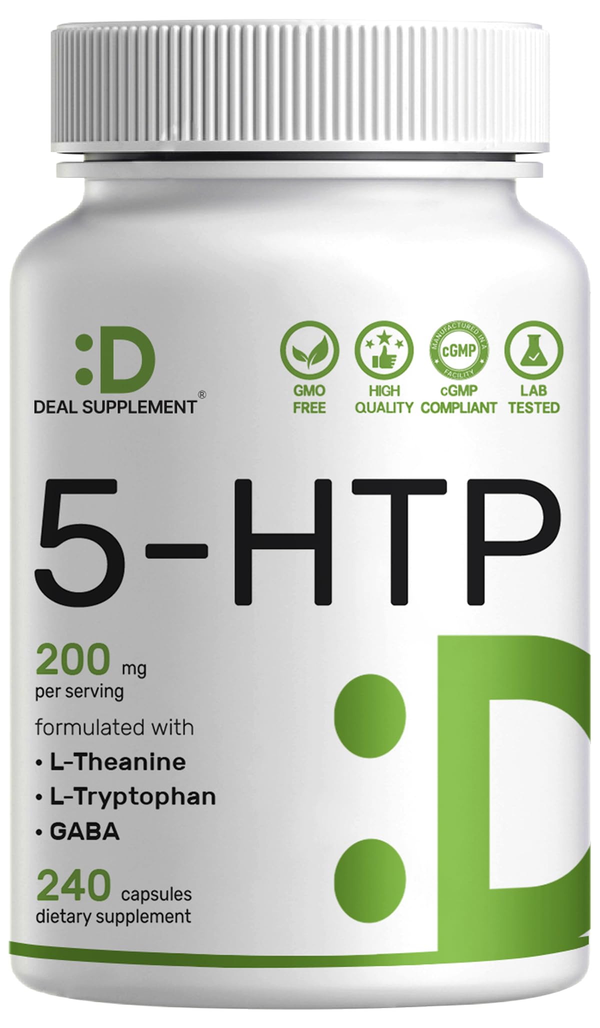 Deal Supplement 5-HTP bottle cap closeup highlighting easy daily use