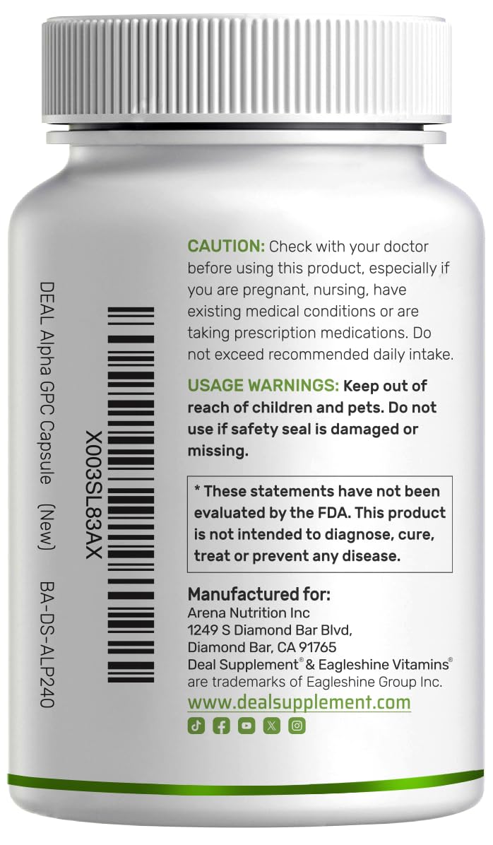 DEAL SUPPLEMENT Alpha GPC 600mg bottle with glass of water for daily intake