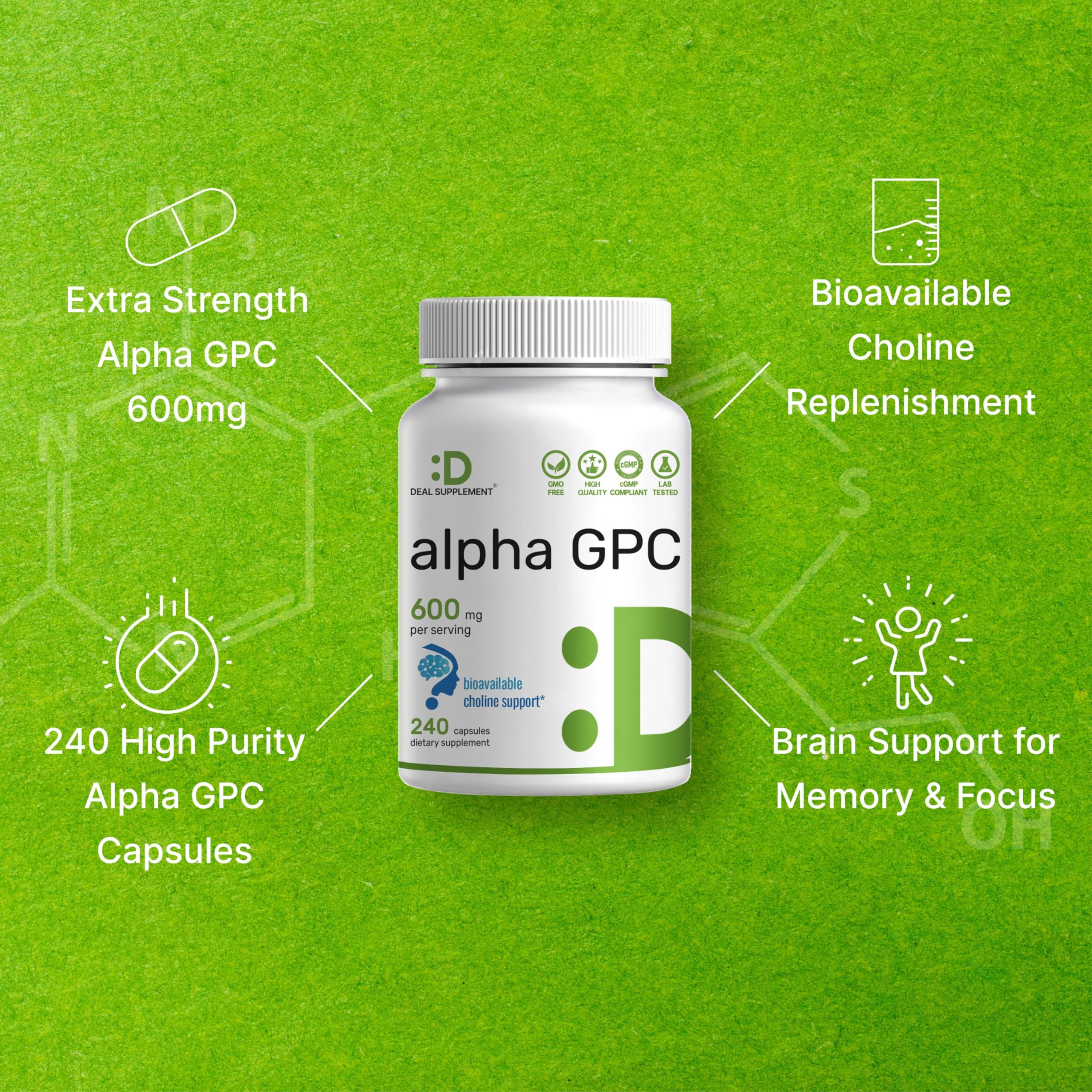 DEAL SUPPLEMENT Alpha GPC 600mg two capsules per serving illustration