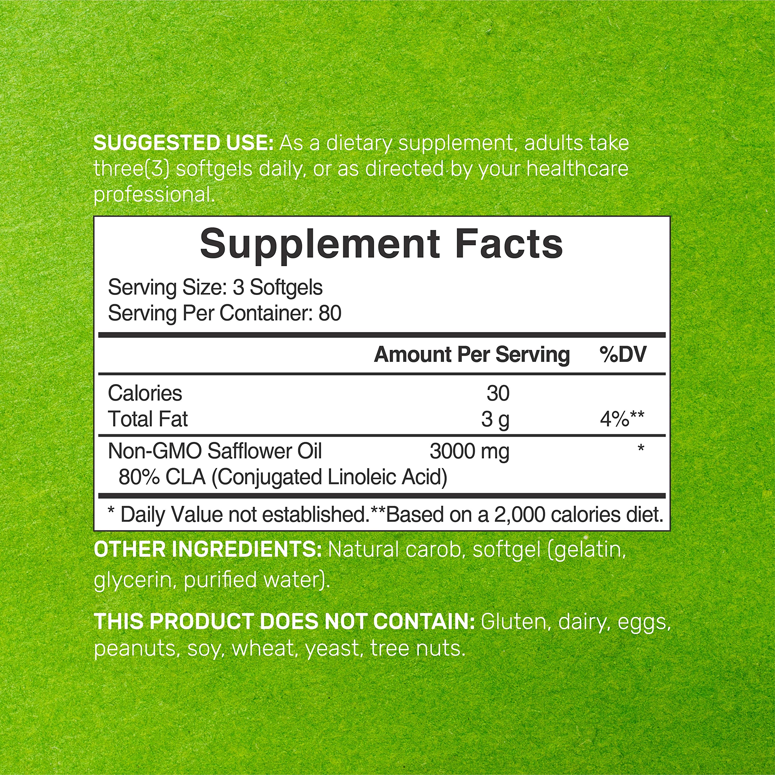 DEAL SUPPLEMENT CLA 3000mg capsules closeup for daily use.