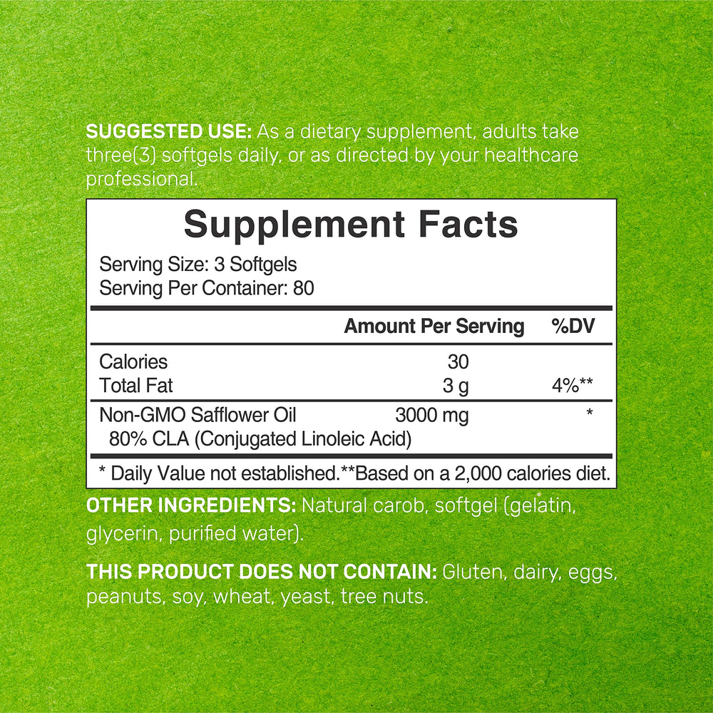 DEAL SUPPLEMENT CLA 3000mg capsules closeup for daily use.