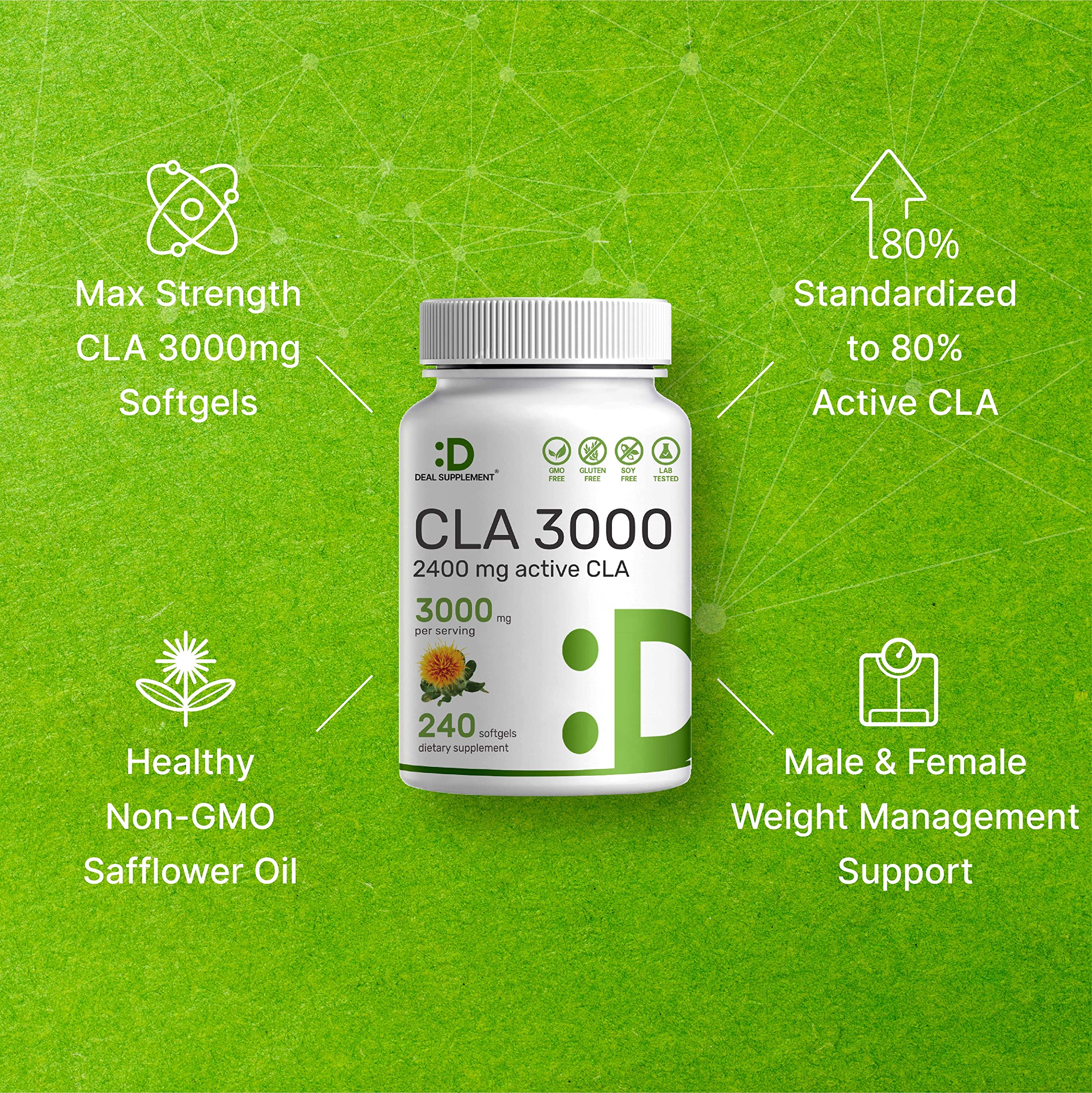 DEAL SUPPLEMENT CLA 3000mg bottle reflects non-GMO gluten-free quality.