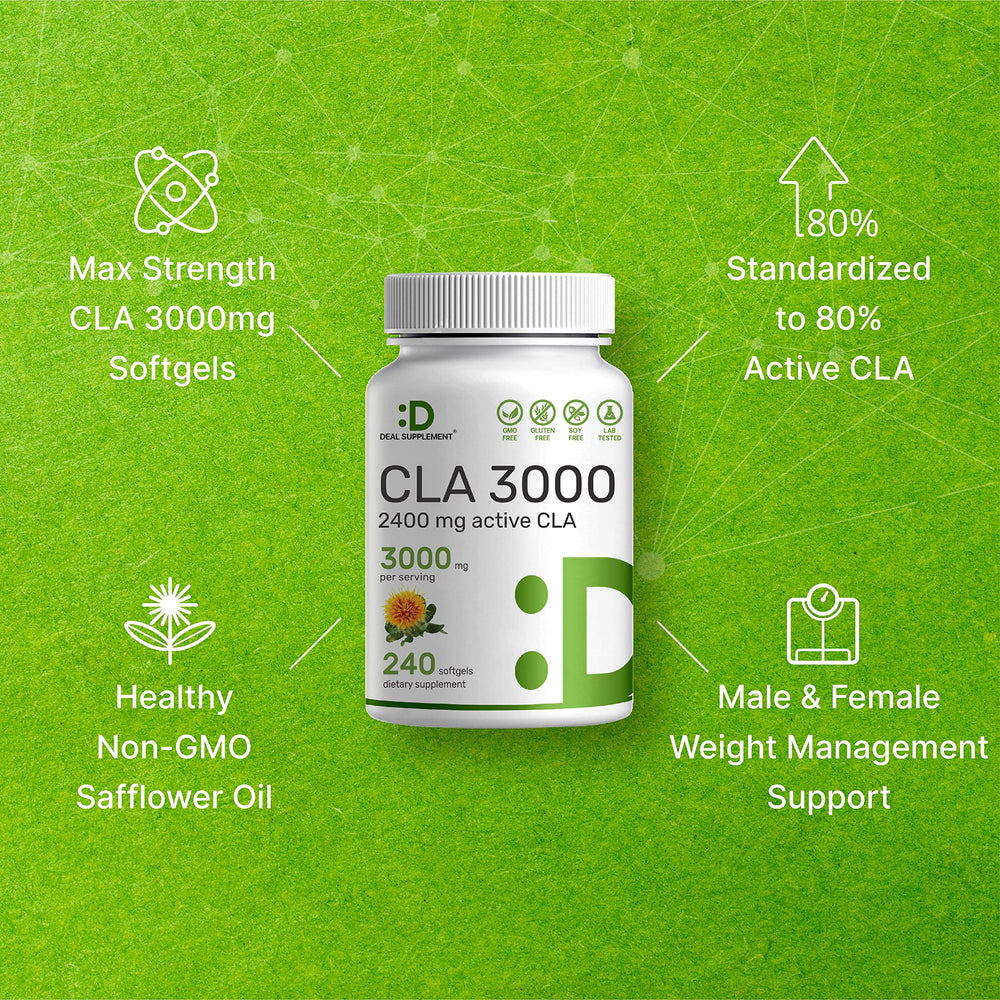DEAL SUPPLEMENT CLA 3000mg bottle reflects non-GMO gluten-free quality.