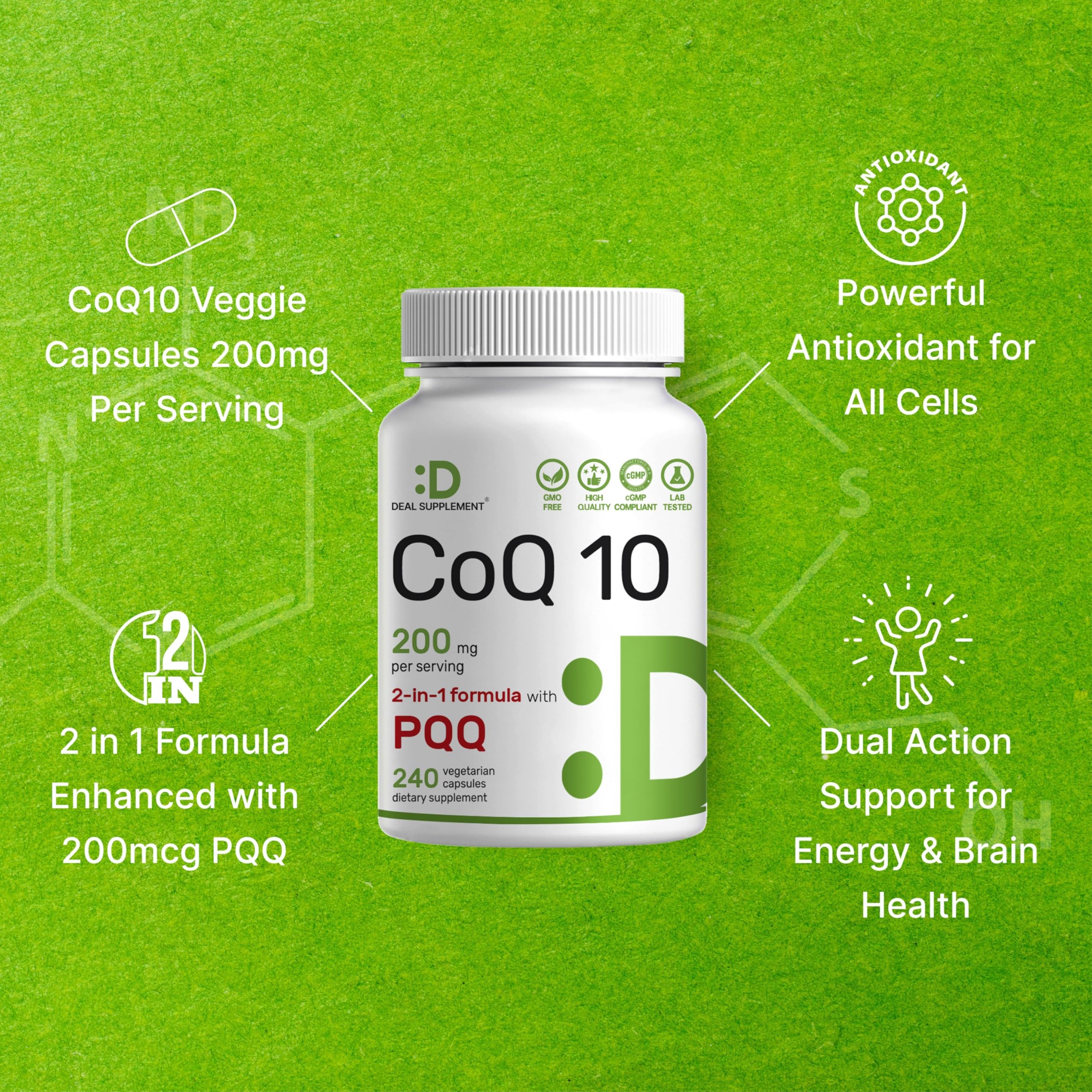 Label closeup of DEAL SUPPLEMENT CoQ10 emphasizing non-GMO and gluten-free formulation