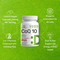 Label closeup of DEAL SUPPLEMENT CoQ10 emphasizing non-GMO and gluten-free formulation