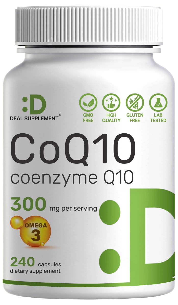 Deal Supplement CoQ10 Omega 3 bottle front, suggesting heart and energy support.