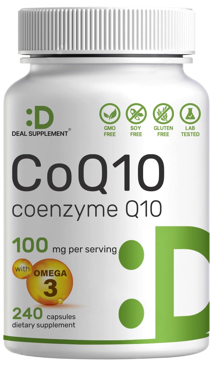 DEAL SUPPLEMENT CoQ10 Omega3 bottle front highlights dual support for heart and energy.