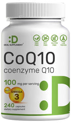 DEAL SUPPLEMENT CoQ10 Omega3 bottle front highlights dual support for heart and energy.