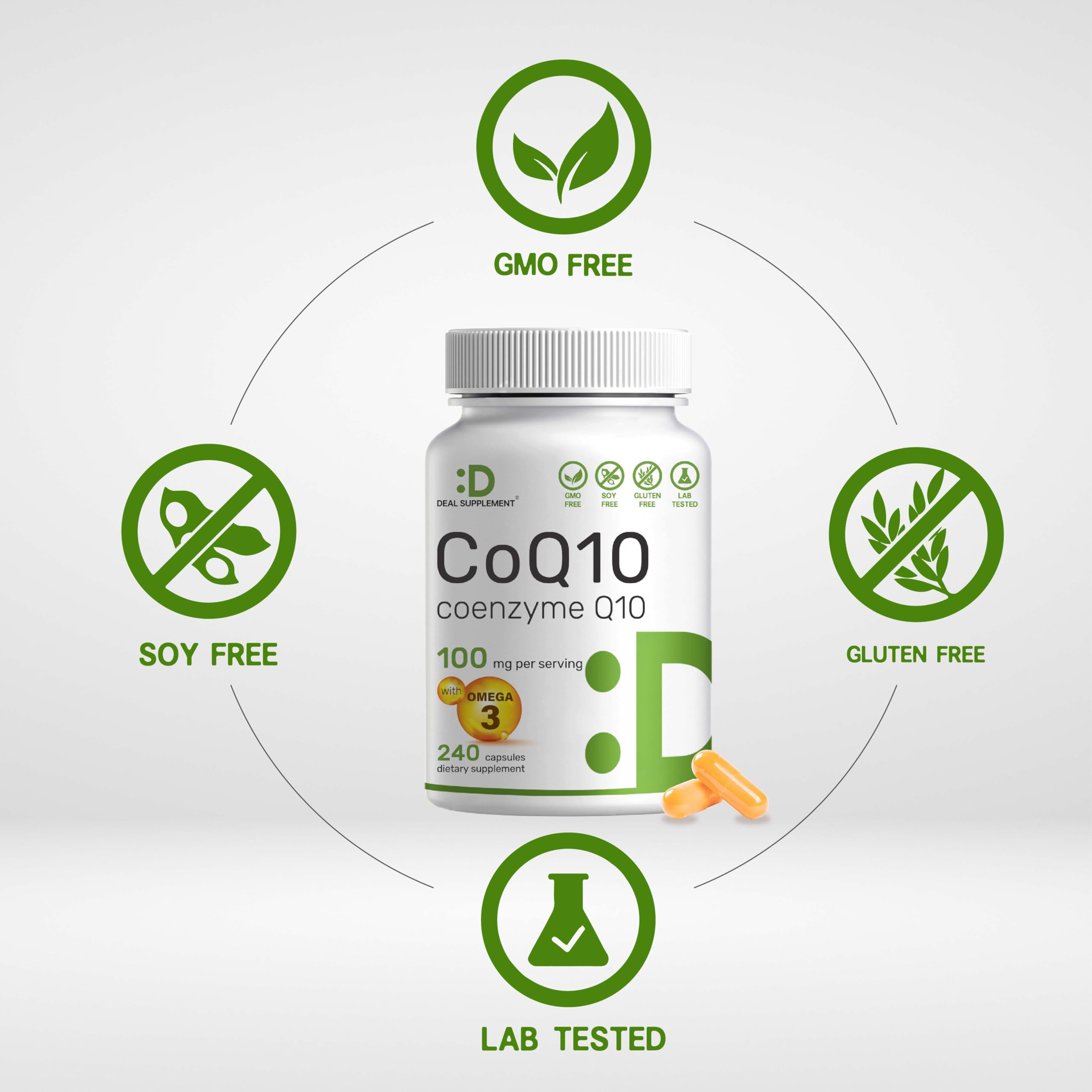 DEAL SUPPLEMENT CoQ10 Omega3 bottle side reveals long-lasting 240-capsule supply.
