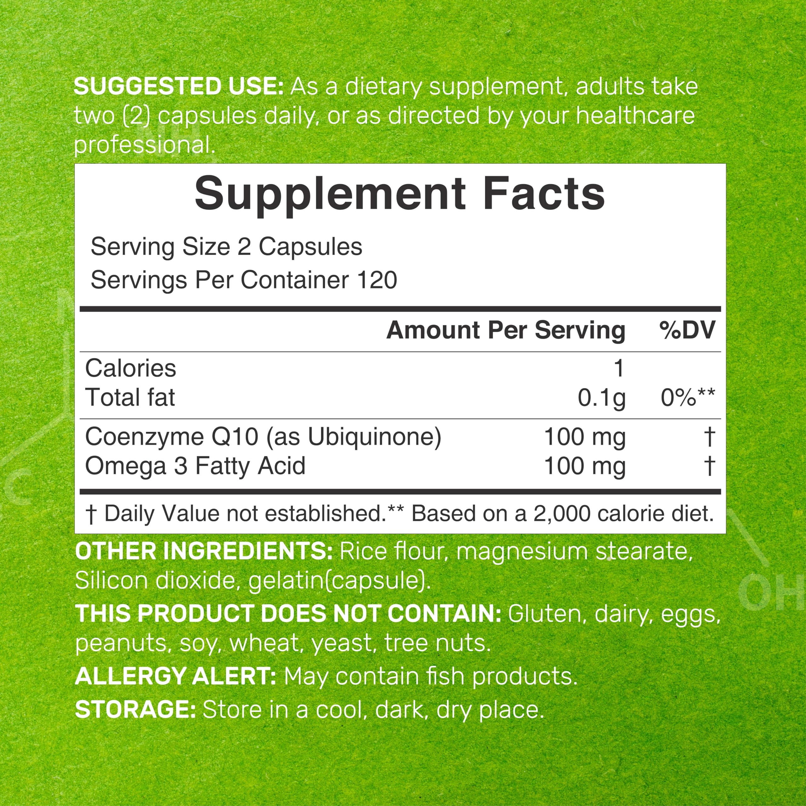 DEAL SUPPLEMENT CoQ10 Omega3 capsules closeup shows easy-to-swallow softgels.