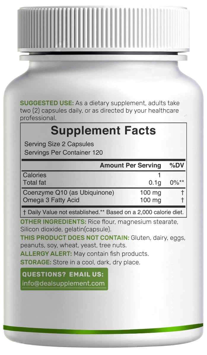 DEAL SUPPLEMENT CoQ10 Omega3 non-GMO badge communicates purity and quality.