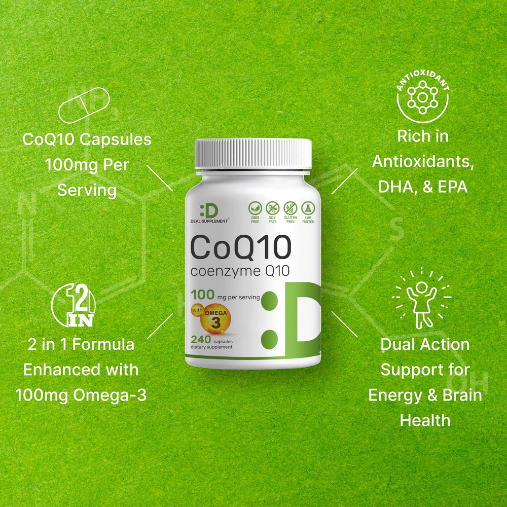 DEAL SUPPLEMENT CoQ10 Omega3 packaging emphasizes non-GMO and third-party testing.