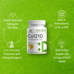 DEAL SUPPLEMENT CoQ10 Omega3 packaging emphasizes non-GMO and third-party testing.