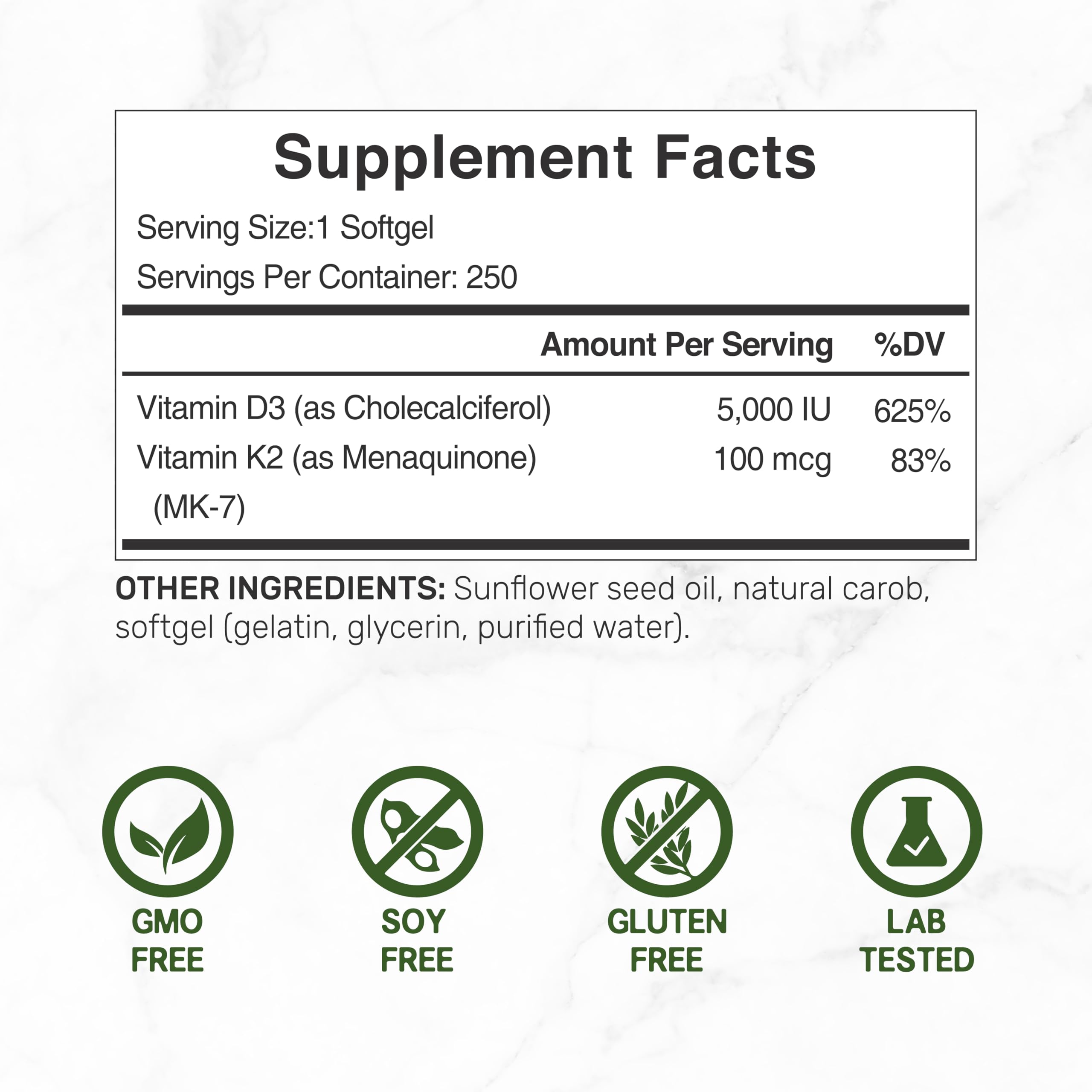 Deal Supplement D3 K2 5000 IU label highlights MK7 aiding calcium direction to bones