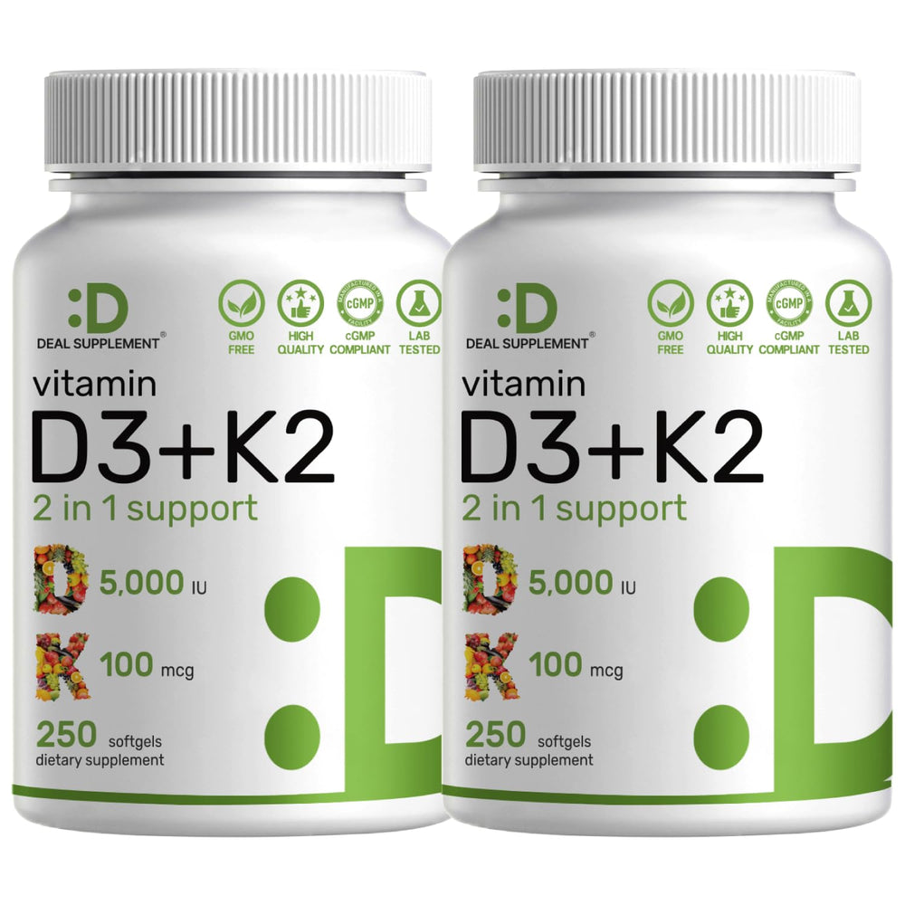 Deal Supplement D3K2 bottle-front shows a 2 in 1 formula for bone and immune support.