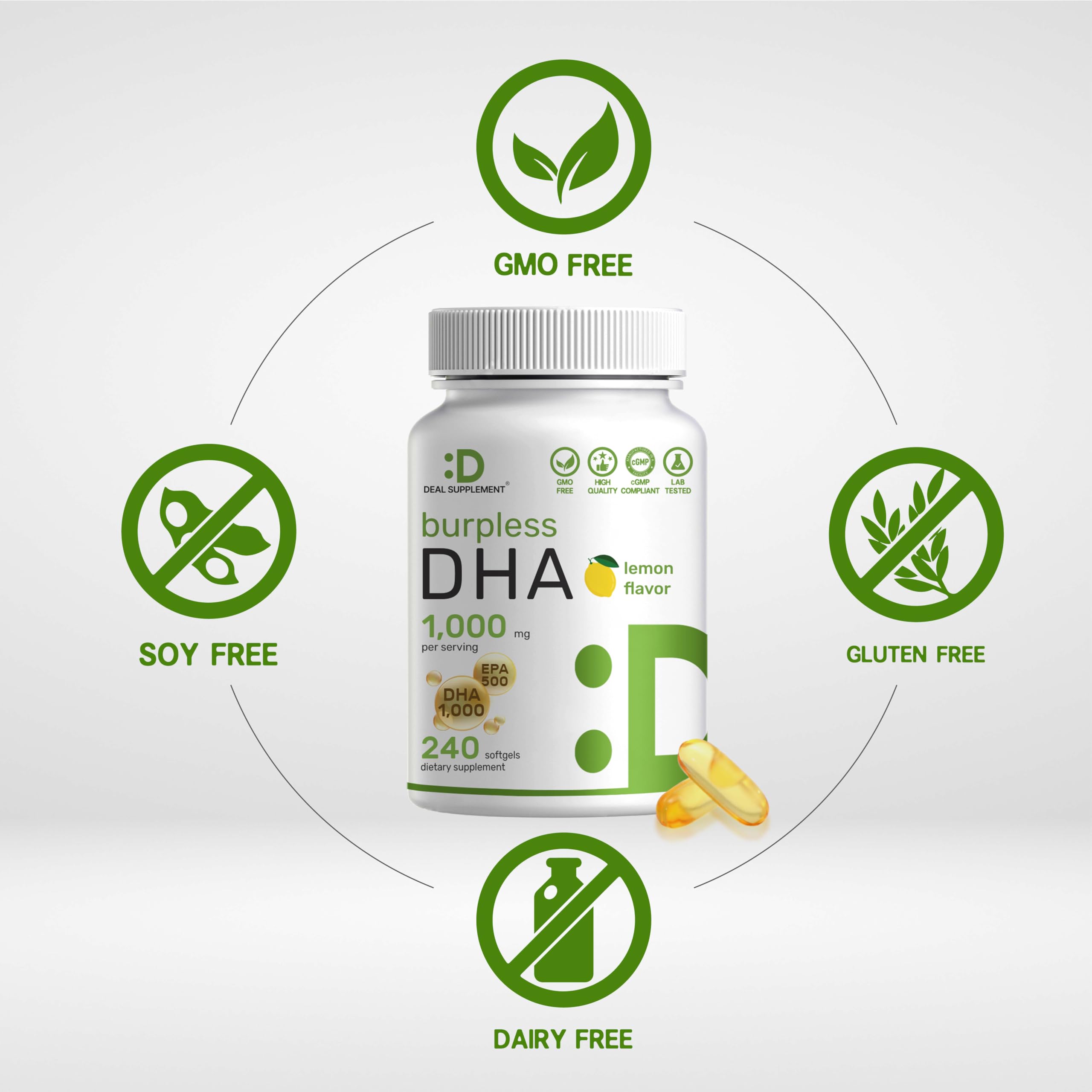 Two softgels provide 1000mg DHA and 500mg EPA for daily omega-3 support.