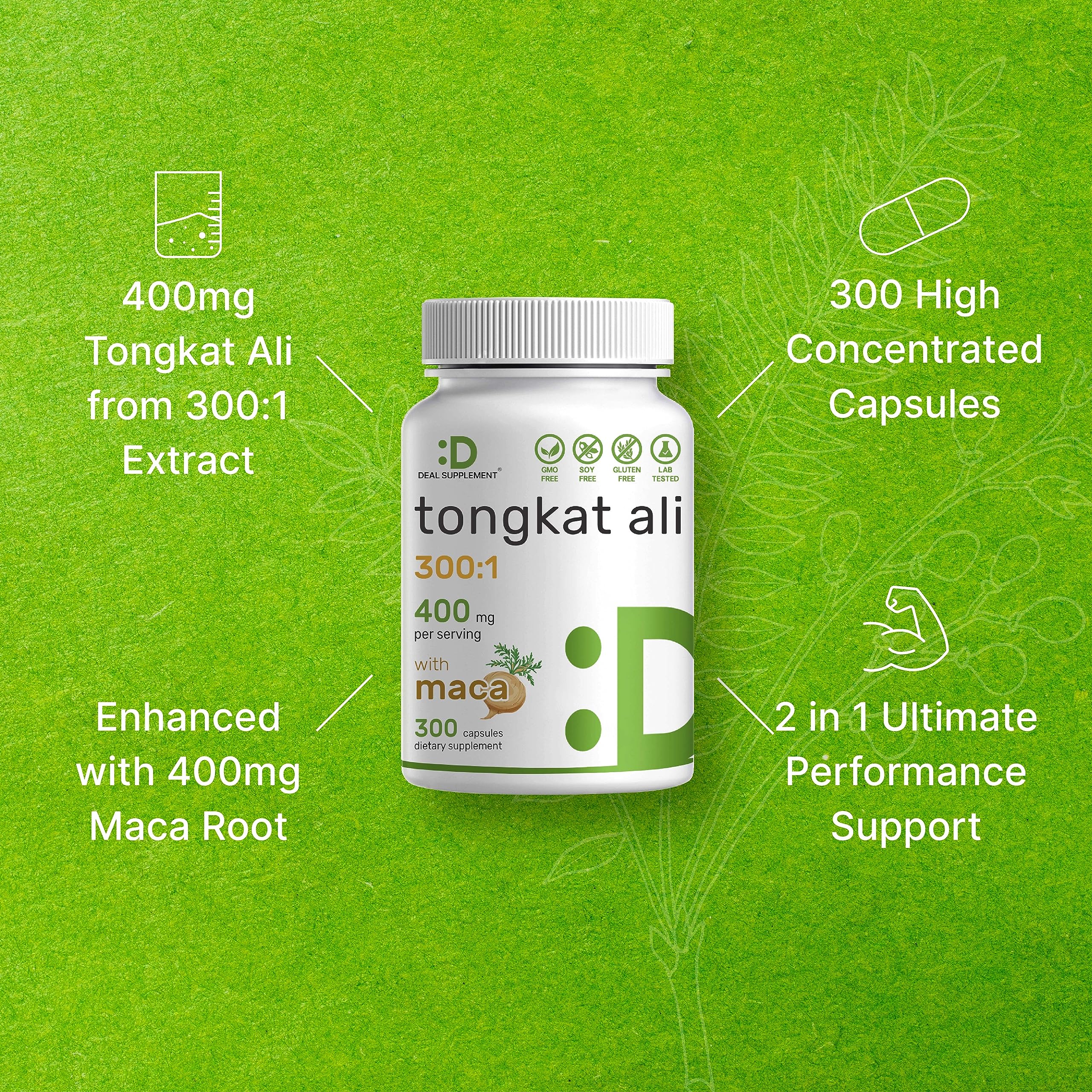 Ingredient label on DEAL SUPPLEMENT bottle showing non-GMO and allergen-friendly formula