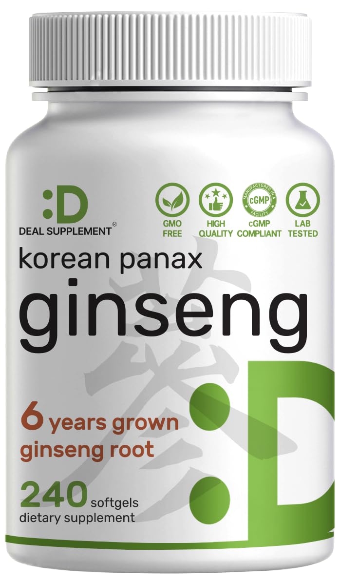 DEAL SUPPLEMENT Korean Red Panax Ginseng bottle with 240 softgels for daily energy support.