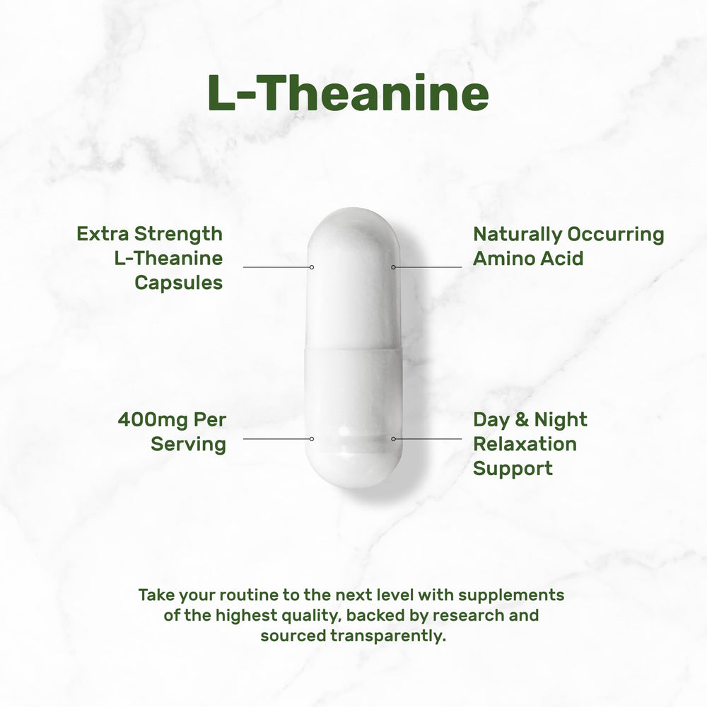 Deal Supplement L-Theanine bottle back label with non-GMO and gluten-free notes.