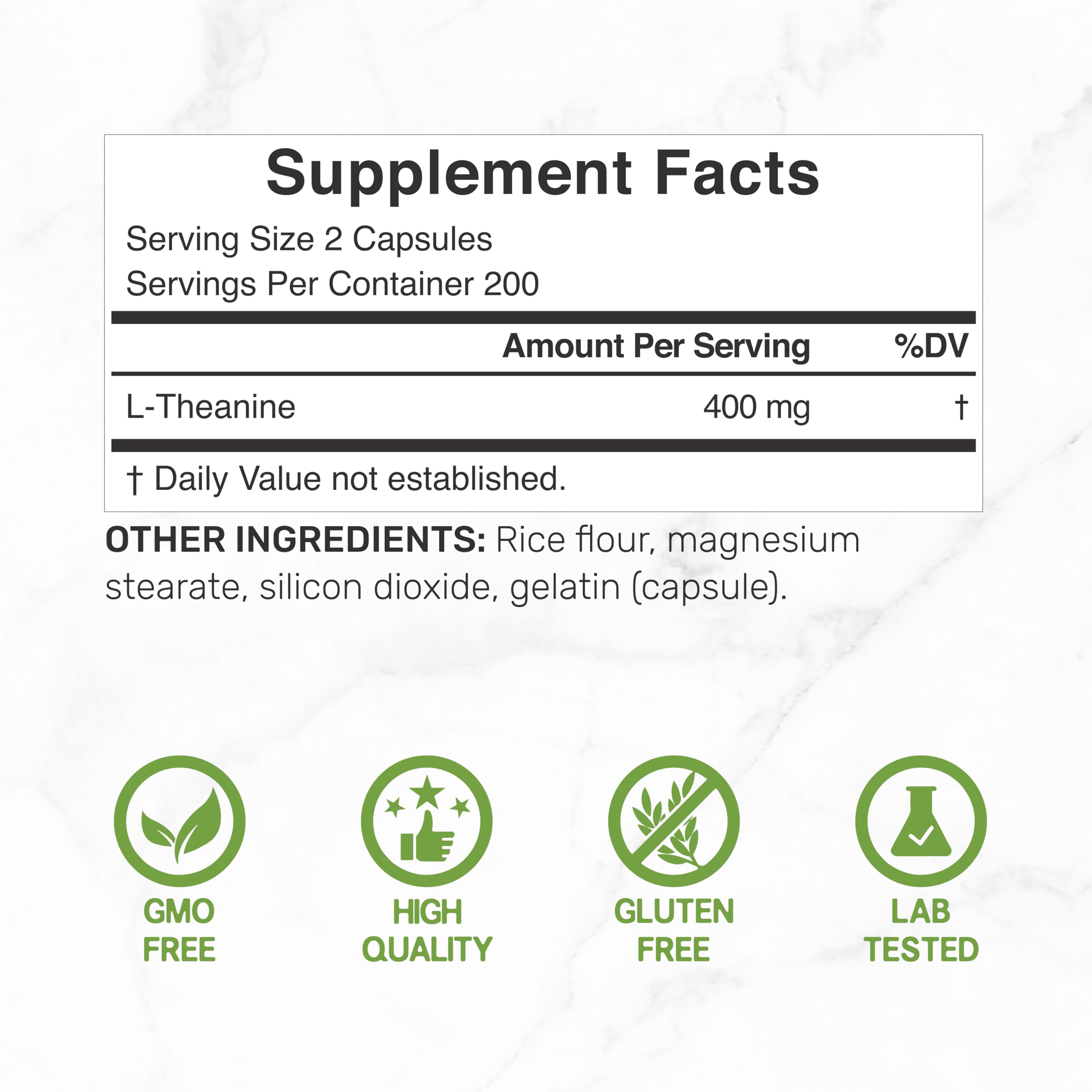 Deal Supplement L-Theanine capsules closeup showing 400mg per serving for focused support.