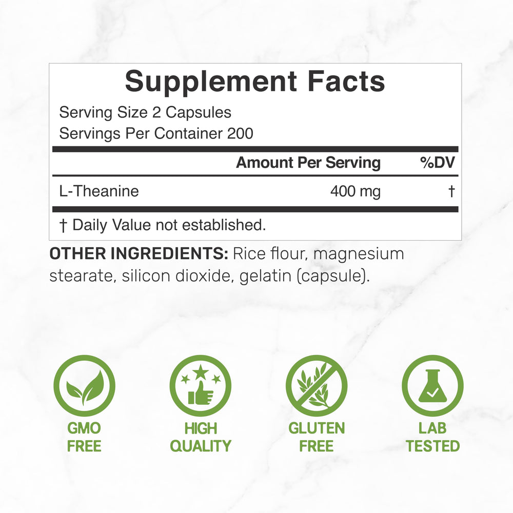 Deal Supplement L-Theanine capsules closeup showing 400mg per serving for focused support.