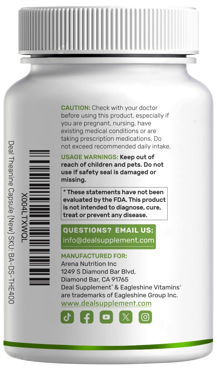 Deal Supplement L-Theanine bottle beside a glass of water supporting calm and focus.