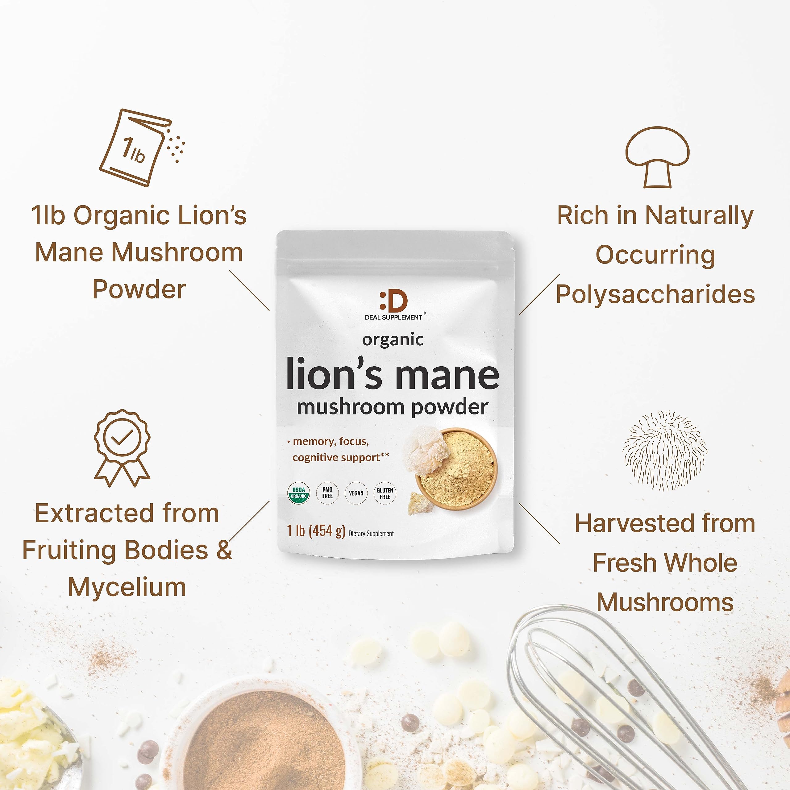 Deal Supplement Lions Mane ingredients label emphasizes organic origin and third-party testing