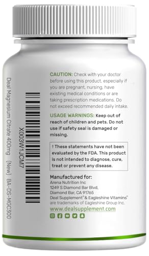 DEAL SUPPLEMENT Magnesium Citrate bottle side view highlighting easy-to-swallow capsules