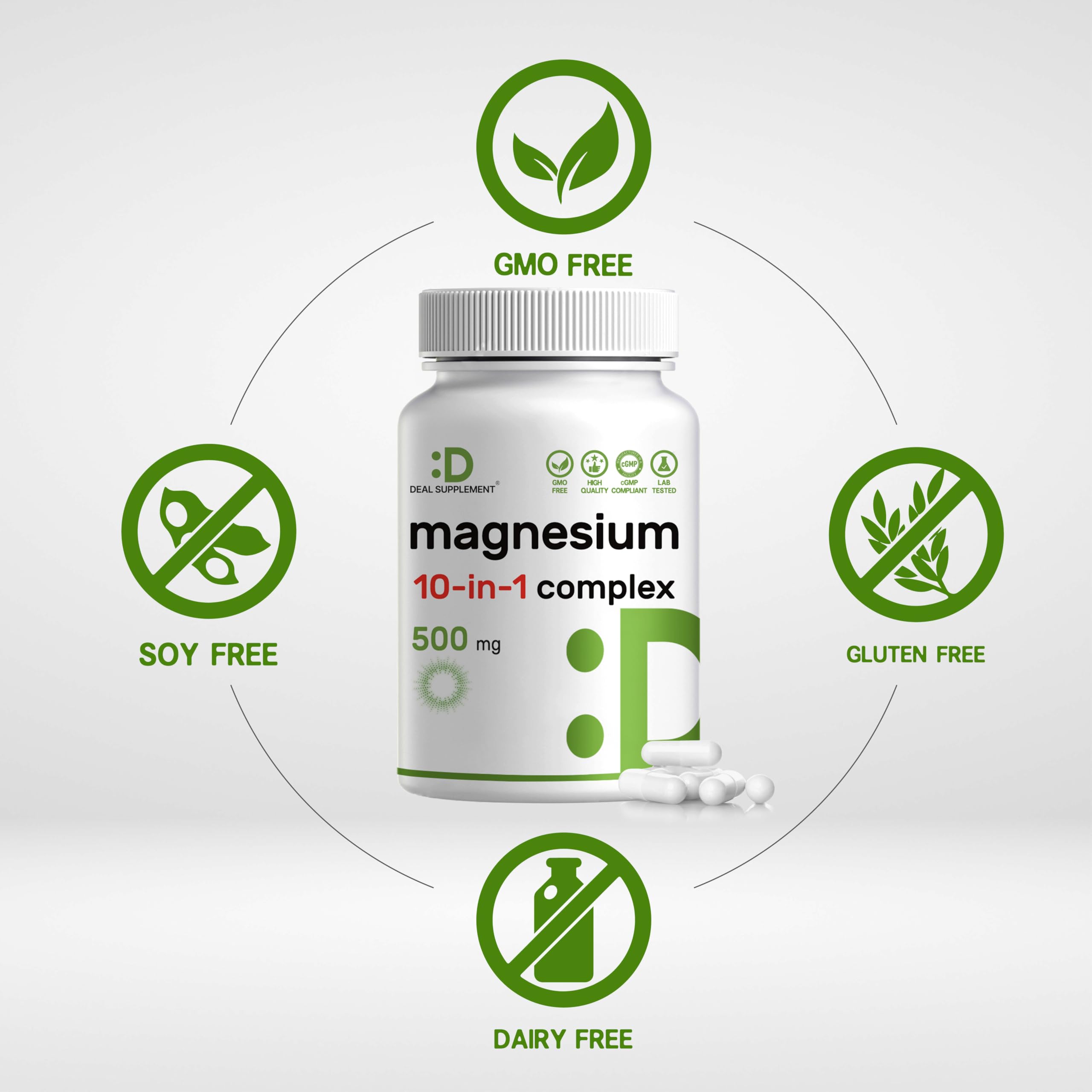 DEAL SUPPLEMENT Magnesium Complex capsules packaging, emphasizing non-GMO quality.
