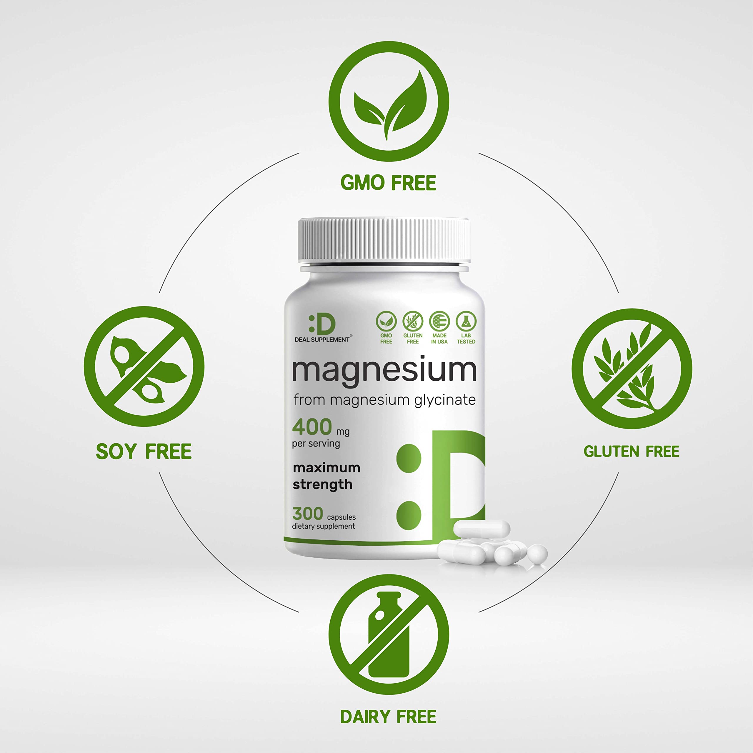 DEAL SUPPLEMENT Magnesium Glycinate 400mg bottle side view packaging.