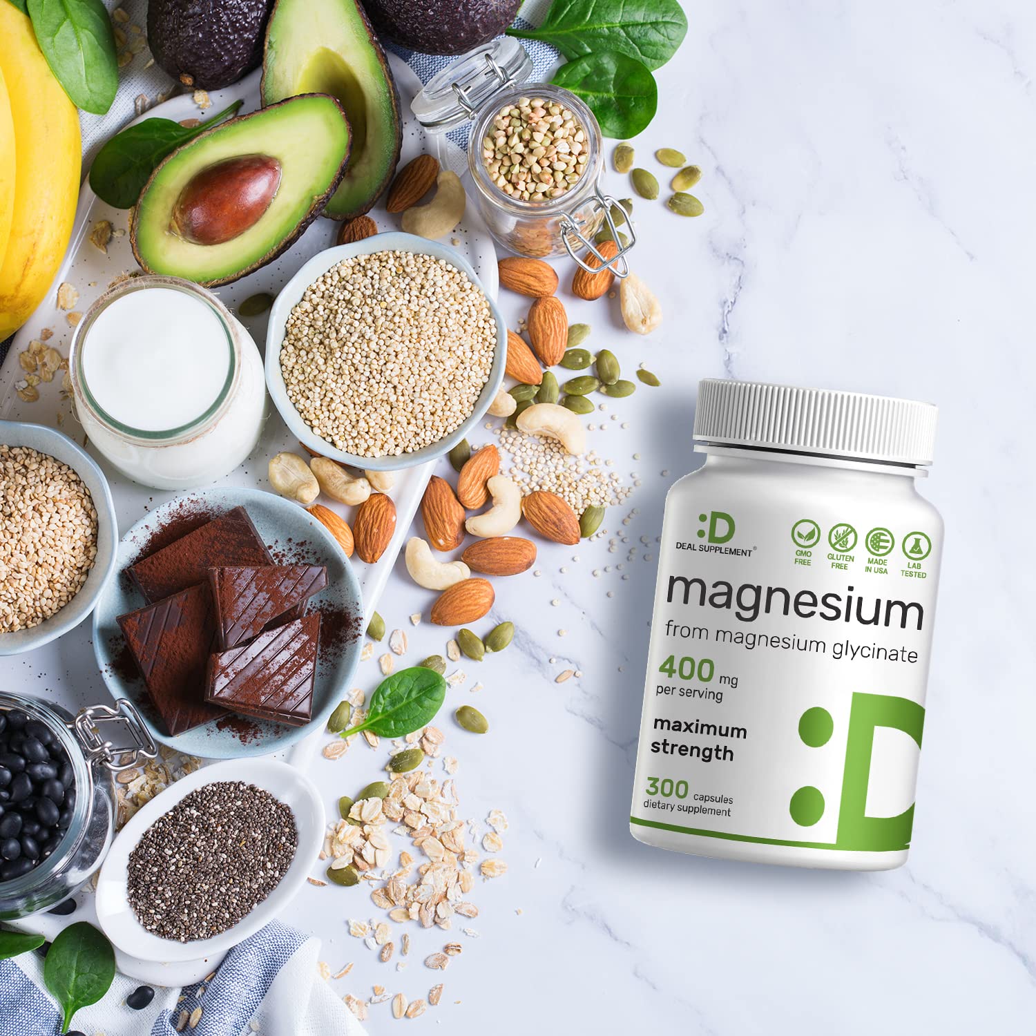 DEAL SUPPLEMENT Magnesium Glycinate 400mg with water for routine use.