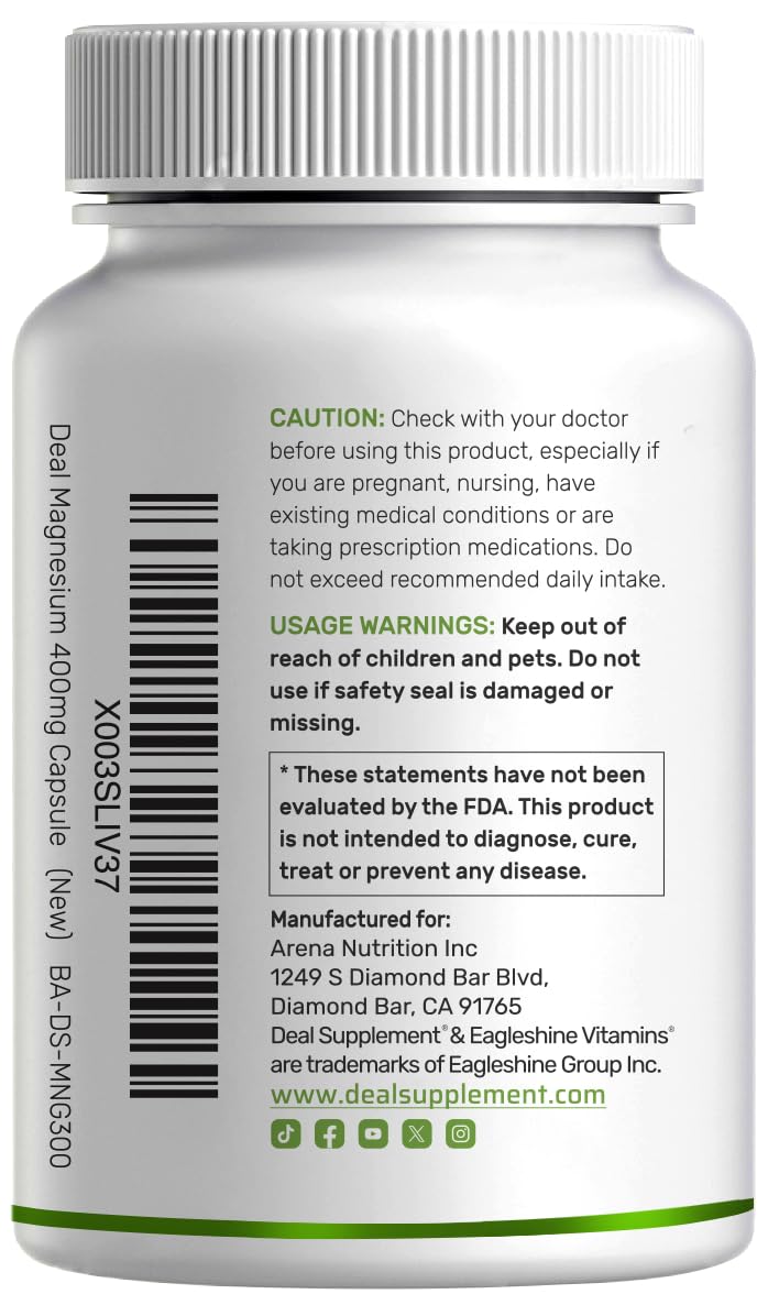 DEAL SUPPLEMENT Magnesium Glycinate 400mg gluten-free dairy-free ingredients panel.