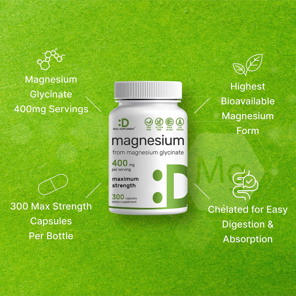 DEAL SUPPLEMENT Magnesium Glycinate 400mg label closeup shows chelated formula.