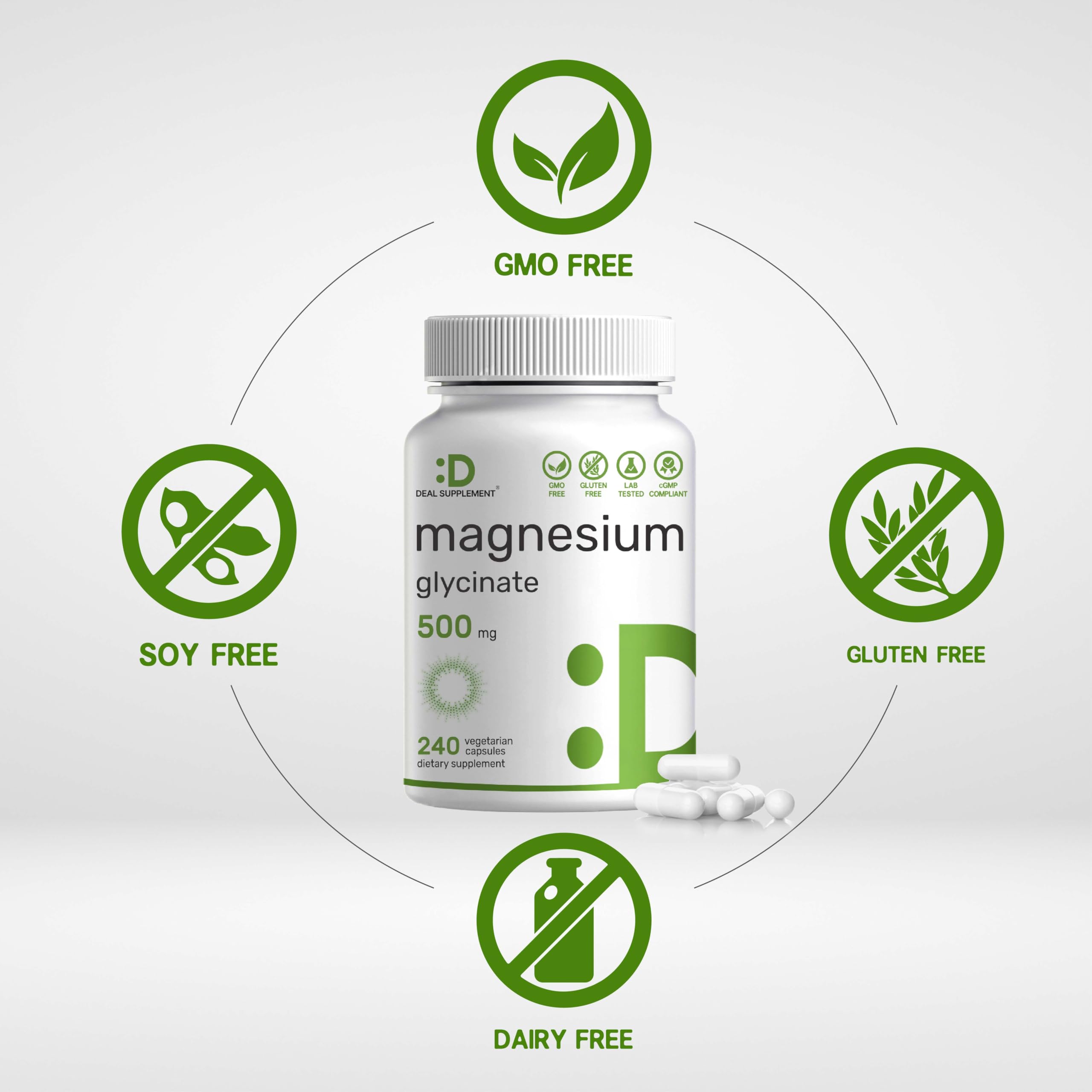 Deal Supplement Magnesium Glycinate dosage info card displays 500 mg per capsule.