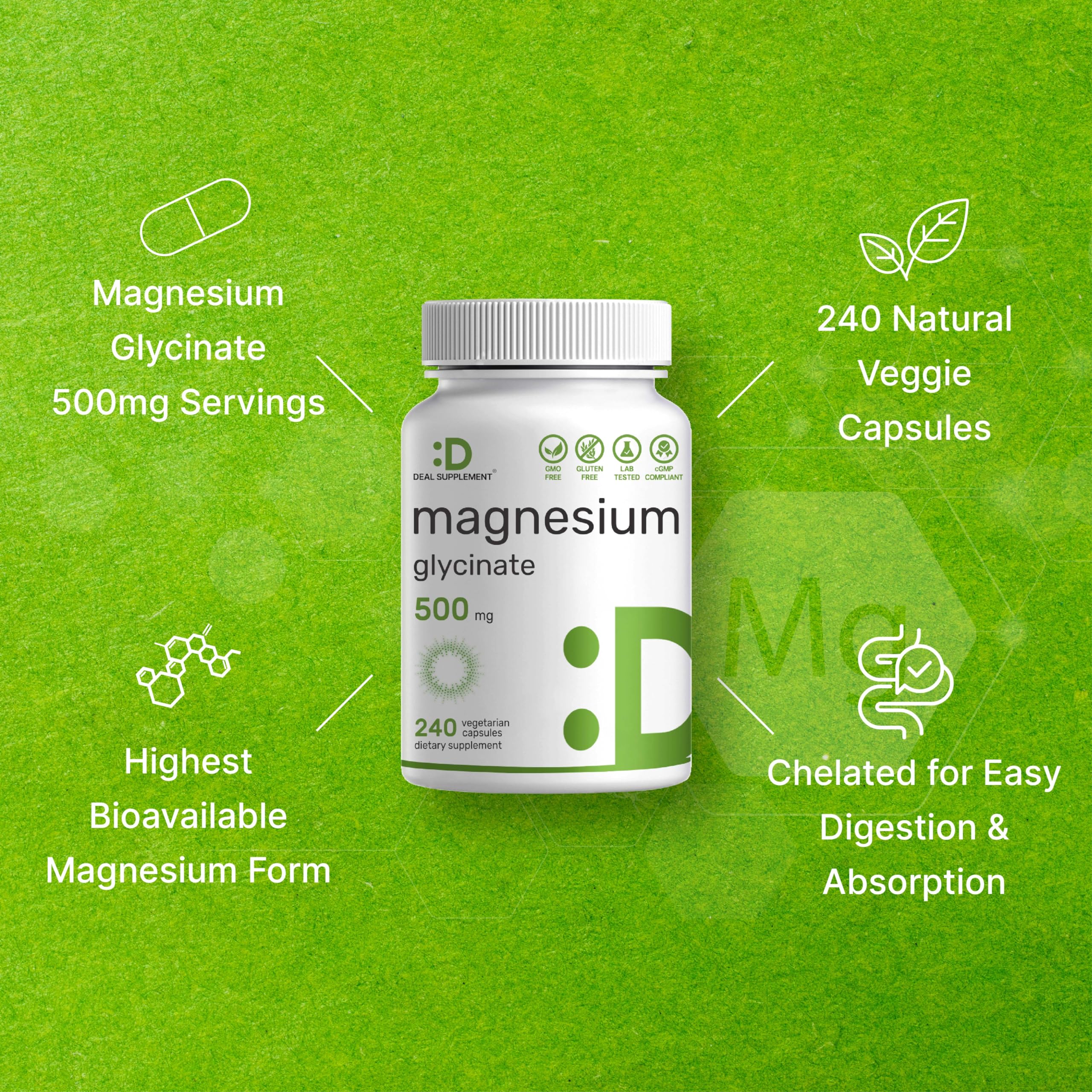 Deal Supplement Magnesium Glycinate gluten-free symbol confirms allergen-free formula.