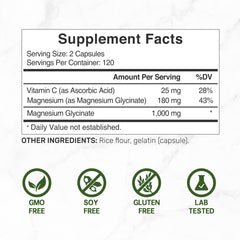 DEAL SUPPLEMENT Magnesium Glycinate label close-up highlights chelated formula and vitamin C