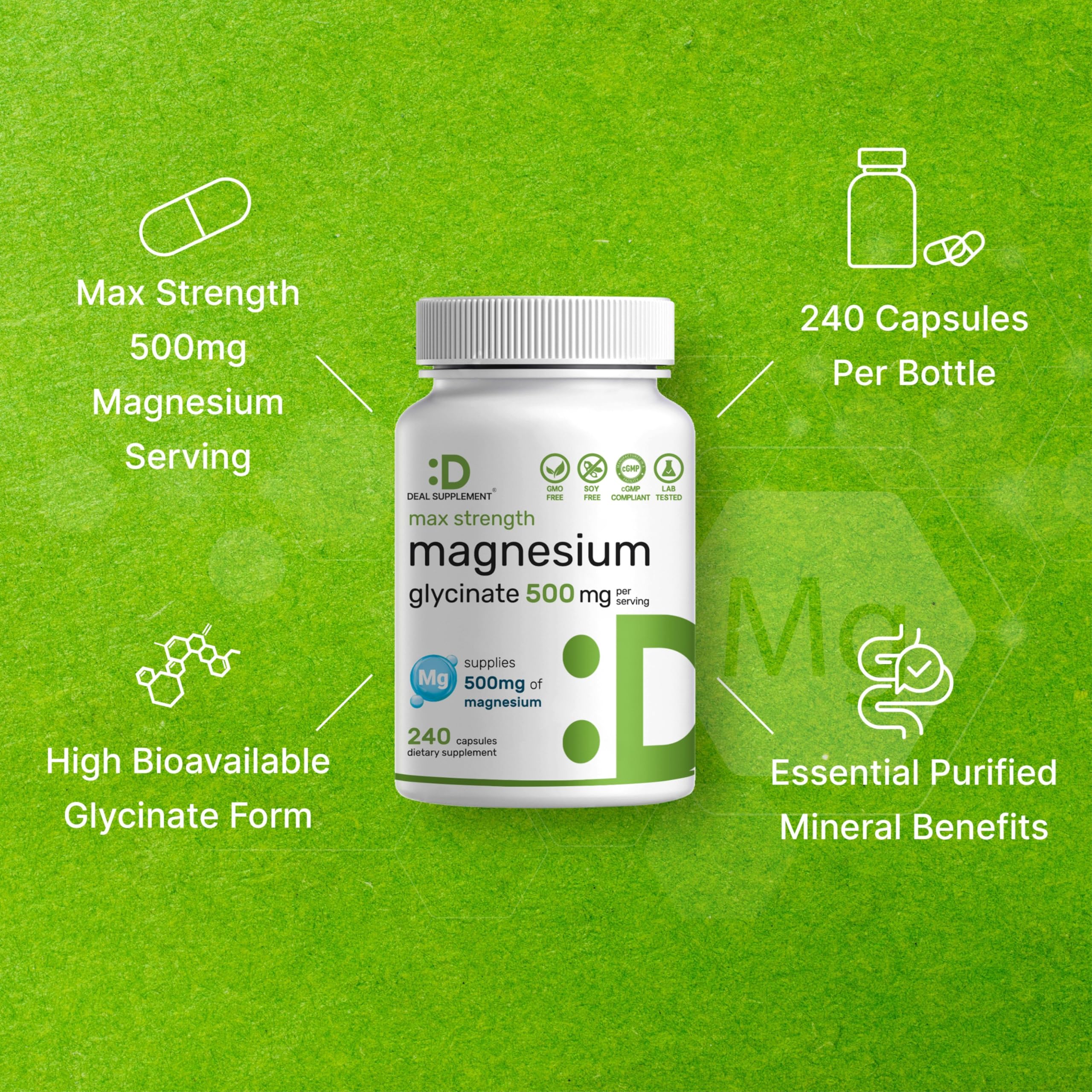 Deal Supplement bottle with spoon illustrating the 3-capsule serving size.