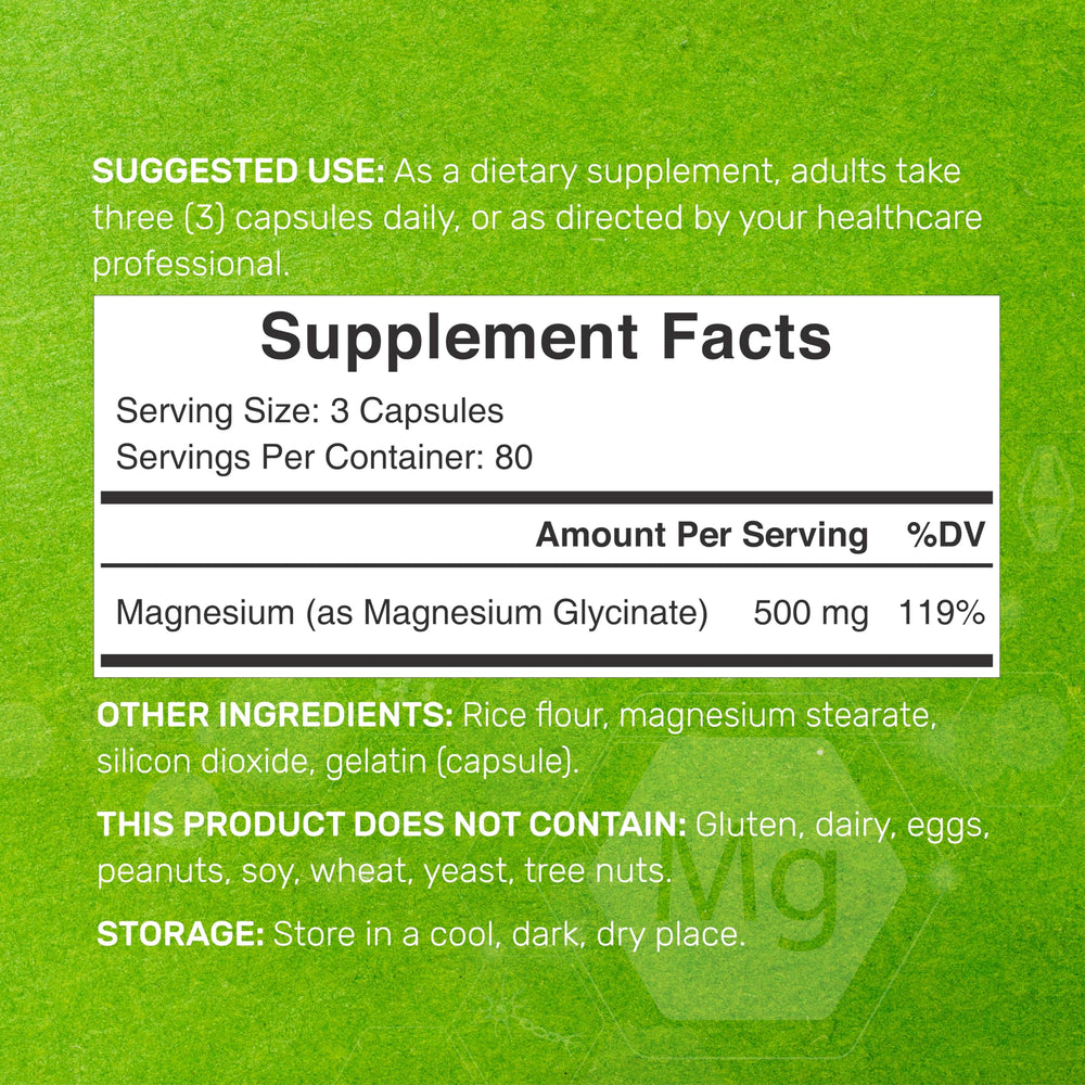 Deal Supplement magnesium glycinate capsules close-up showing chelated formula for gentle absorption.
